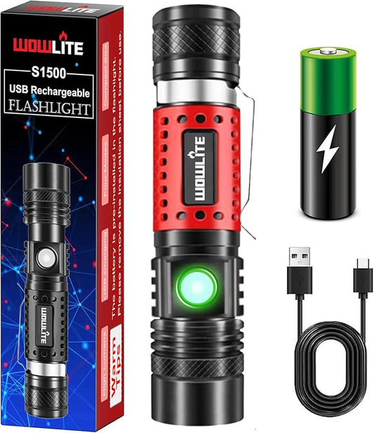 wowlite Flashlight Rechargeable, Super Bright Pocket LED Flashlights with Adjustable Brightness, Zoomable High Lumens Small Flash Light, Long Lasting for Outdoor Camping Home Emergency (Red)