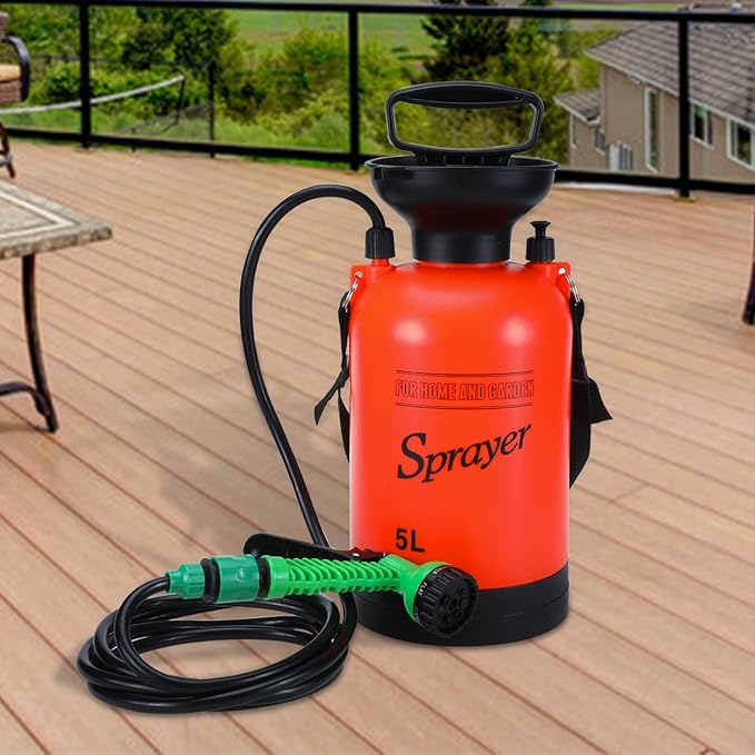 SearQing Portable Shower for Camping with 7 Spray Modes, 1.3 Gallon Hand Press Camping Shower with Removable Hose and Shower Head,5L Pressure Rinse Kits for Hiking Traveling Garden Beach Pet Shower