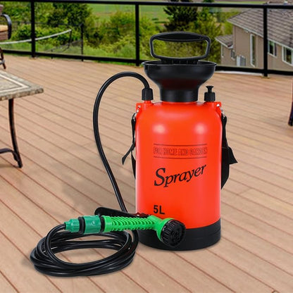 SearQing Portable Shower for Camping with 7 Spray Modes, 1.3 Gallon Hand Press Camping Shower with Removable Hose and Shower Head,5L Pressure Rinse Kits for Hiking Traveling Garden Beach Pet Shower
