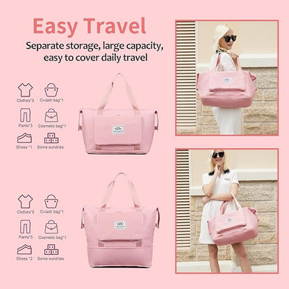 Expandable Travel Duffel Tote Bag - Foldable Overnight Weekender, Carry-On, Swim & Gym Bag - Fits Spirit Airlines Personal Item Size - Lightweight, Waterproof & Durable with Trolley Sleeve, Light Pink