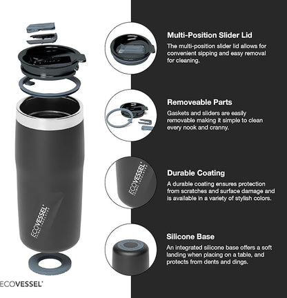 EcoVessel METRO TriMax Vacuum Insulated Stainless Steel Tumbler Cup, Coffee Mug with Slider Lid - 16 oz (Black Shadow)