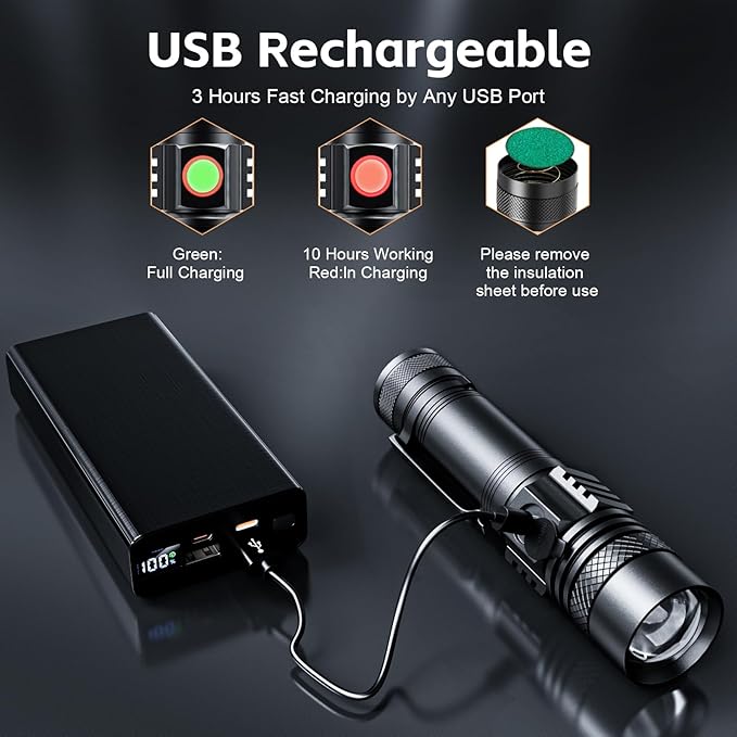 Rechargeable LED Flashligh, USB Magnetic Flashlights with Cob Sidelight, Small Tactical Flashlights 2000LM, Waterproof, Zoomable, Portable Handheld Flash Light for Home, Emergency, Outdoor