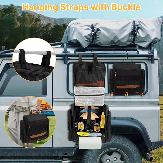 Large Tactical Hanging Camping Cookware Bag, Camping Kitchen Organizer with Paper Towel Holder and Multi Pockets, Camping Cooking Utensils Organizer for RV Tent Camper and Grilling, Bag Only (Black)