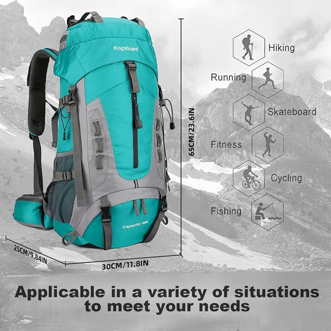King'sGuard 60L Hiking Backpack Men Women Camping Backpack Waterproof Backpacking Mountaineering Climbing Daypack (Lake Blue)