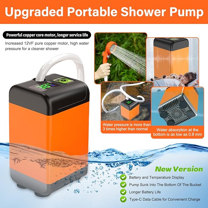 QJWDB Portable Shower for Camping: Outdoor Electric Shower Rechargeable Pump with Intelligent Digital Display - 3 Flow Mode Shower Head for Beach Field Camping Hiking Traveling Washing