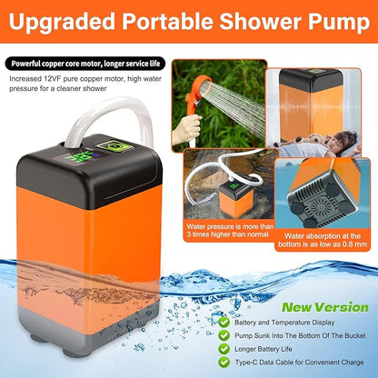 QJWDB Portable Shower for Camping: Outdoor Electric Shower Rechargeable Pump with Intelligent Digital Display - 3 Flow Mode Shower Head for Beach Field Camping Hiking Traveling Washing