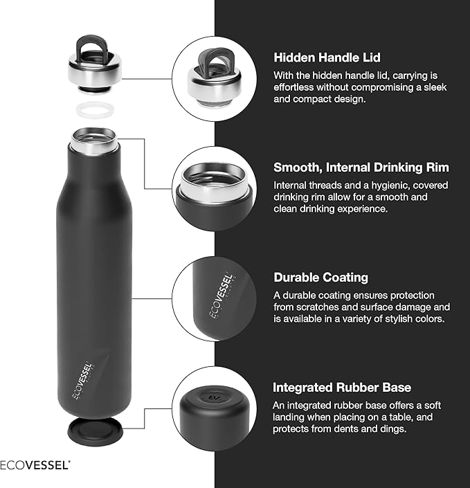 EcoVessel ASPEN Stainless Steel Water Bottle with Insulated Lid, Metal Water Bottle with Rubber Non-Slip Base. Wine Tumbler Reusable Water Bottle - 25oz (Coastal Mist)