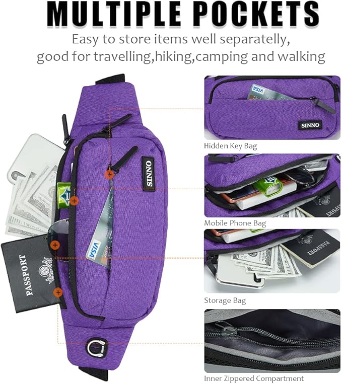 SINNO Large Crossbody Fanny Pack for Women Men Belt Bag With 4-Zipper Pockets for Travel Running Hiking Workout Dog Walking Outdoors Sport Fishing Waist Pack Bag Carrying All Phones