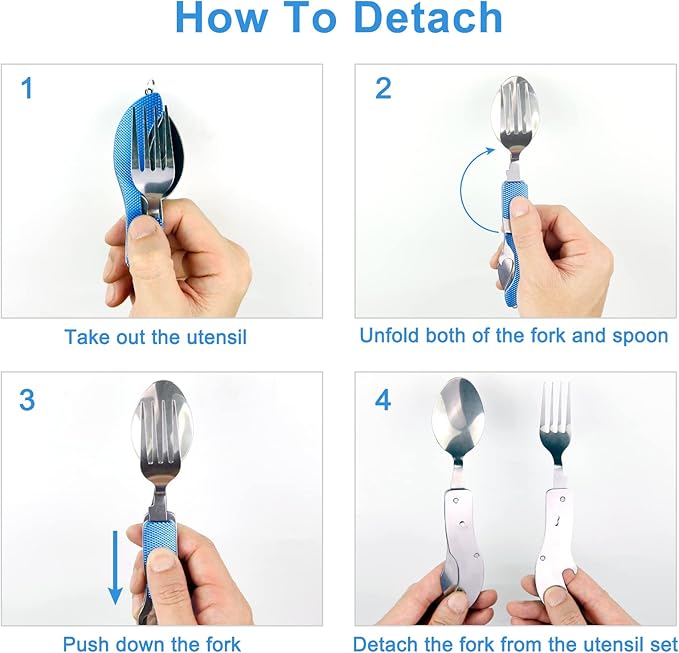 5 Pack Camping Utensils, 4-in-1 Portable Stainless Steel Cutlery with Fork, Spoon, Knife, and Bottle Opener - Lightweight, Detachable, and Durable Camping Silverware for Outdoor Events and Adventures