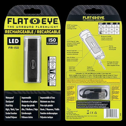 Panther Vision FLATEYE LED Rechargeable FR-150 High Performance UNROUND Flashlight Multi Position Waterproof & Shockproof - 150 Lumens (FR-8032), Black