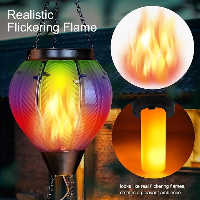 Solar Hot Air Balloon with Candle Holder - Waterproof Solar Lantern with Flickering Flame Metal & Glass Waterproof Lanterns for Garden Patio Pathway Yard Porch Decor Multi-Color