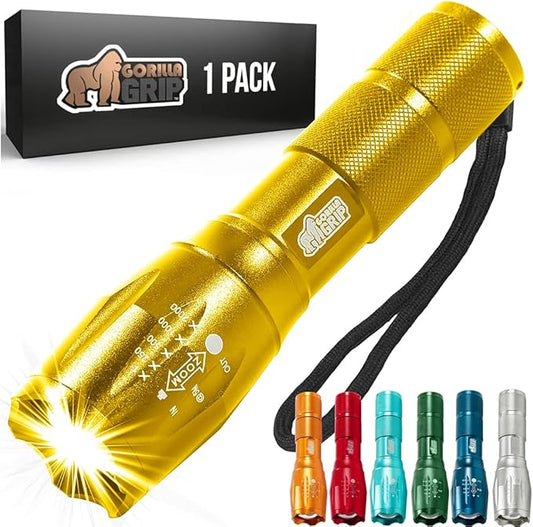Gorilla Grip Powerful LED 750 FT Water Resistant 5 Adjustable Mode Tactical Flashlight, High Lumens Ultra Bright Battery Life Zoom Flashlights, Small Camping Car Mini Flash Light Accessories, Gold