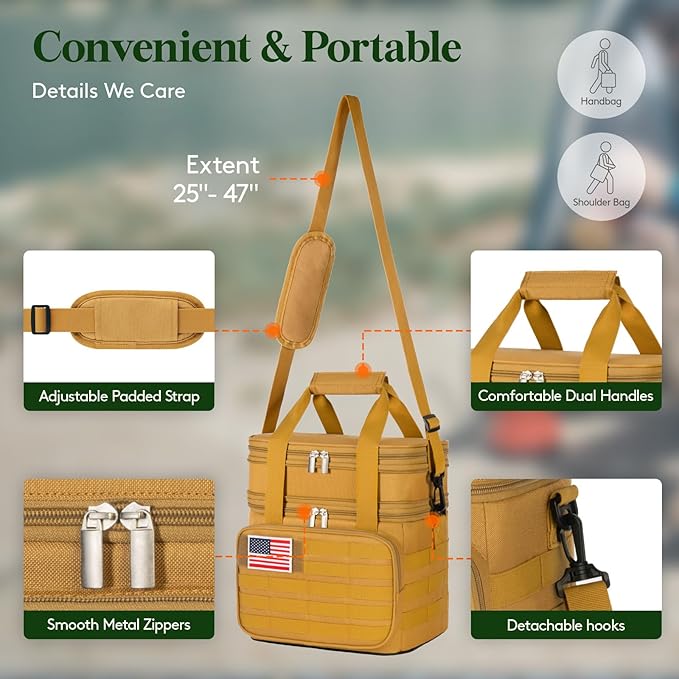 Lifewit Double Deck Tactical Lunch Box for Men, Expandable Leakproof Insulated Large Lunch Cooler with MOLLE Webbing and Shoulder Straps, Heavy Duty Lunch Bag for Men Work Camping Picnic, 16L Brown