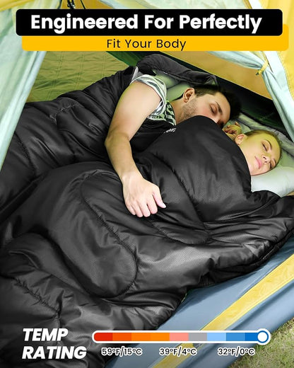 Sportneer Double Sleeping Bag for Adults with 2 Pillows, Queen Size Two Person Sleeping Bag for All Season, 2 Person Sleeping Bags for Cold Weather Camping Hiking Backpacking