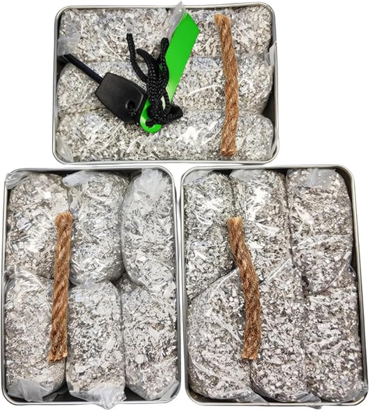 Emergency Fire Starter Magnesium 6 Bags Wax Infused Jute Rope Ferro Rod Striker Saw Wire for Camping Hiking Bushcraft Hurricane + Tin Container