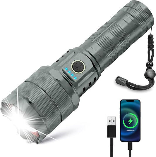 Flashlights 10000 High Lumens LED Rechargeable Tactical Flashlight IPX6 Waterproof Powerful Handheld Flashlights with Zoomable 5 Modes for Camping Emergencies