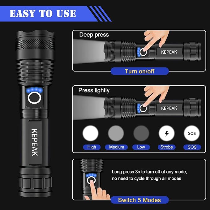 KEPEAK Rechargeable LED Flashlight High Lumens, Super Bright 10000 Lumens Tactical Handheld Flash Light, Water-Resistant, Zoomable, 5 Light Modes for Emergency, Camping