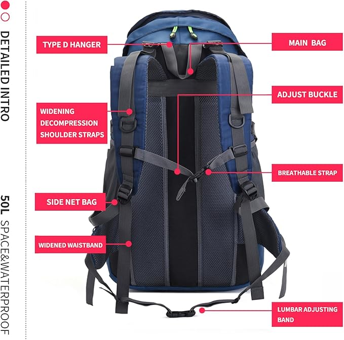 Bseash 50L Hiking Backpack, Water Resistant Lightweight Outdoor Sport Daypack Travel Bag for Camping Climbing Touring (Navy Blue - With Shoe Compartment)