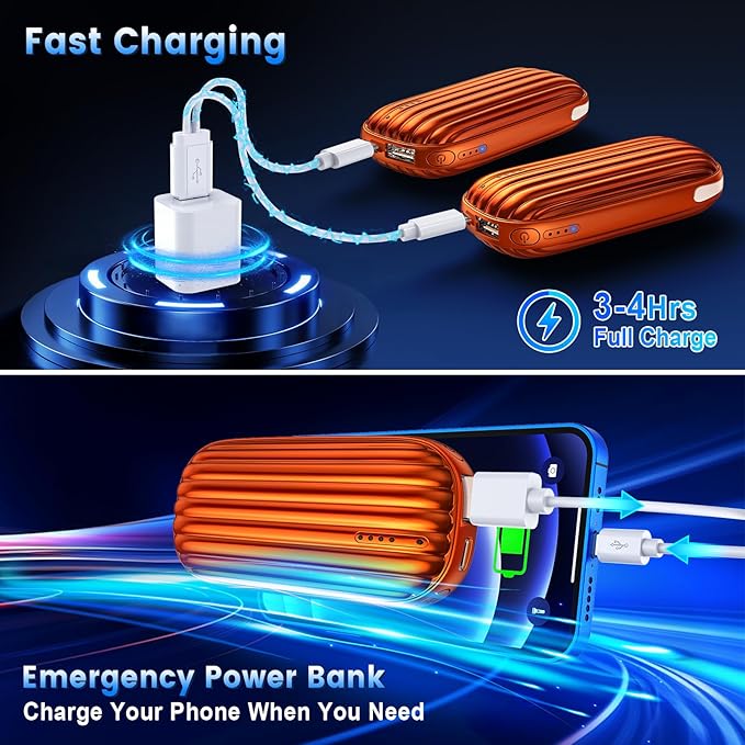 Hand Warmers Rechargeable - 14000mAh Rechargeable Hand Warmers 2 Pack, 15Hrs Warmth Heat Up to 131℉ with LED Light, USB Electric Heated Hand Warmers Reusable Power Bank for Golf, Raynauds, Camping
