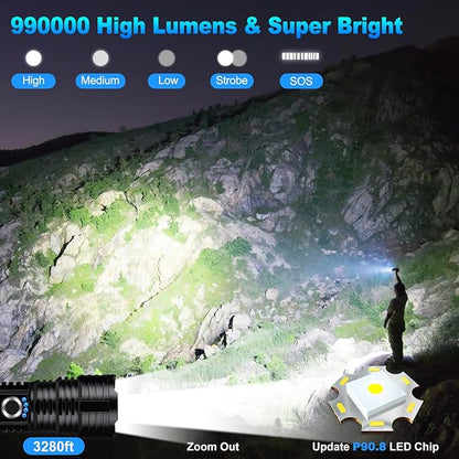 Flashlights High Lumens Rechargeable, 990000 Lumens Super Bright LED Powerful Flashlight, 5 Modes Flash Light, IPX6 Waterproof High Powered Flashlights for Home Camping