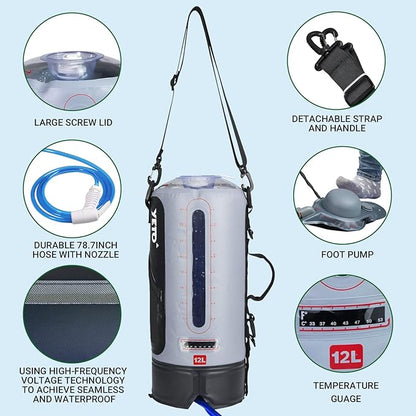 YETO 12L/3.17 Gallons Portable Camping Shower Portable Shower for Camping Camp Shower Solar Shower Outside Shower with Pressure Foot Pump and Handy Nozzle Camping Showers Camping Shower Bag, GREY-12L