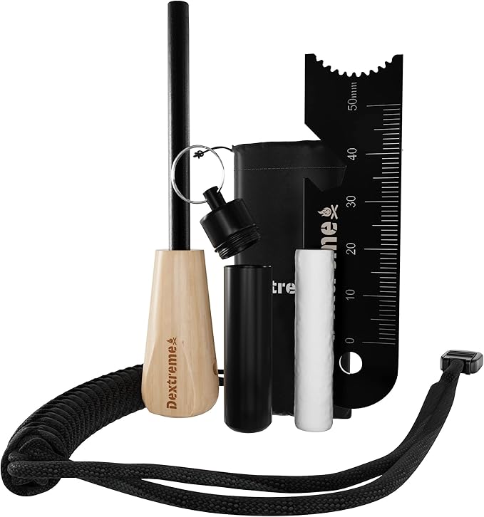 Dextreme Ferro Rod Flint Fire Starter Kit with Handcrafted Wood Handle, Coton Tinder, Transport Bag Multi-Tool Striker Paracord Lanyard for Camping Gear 12,000+ Strikes 5/16'' Thick Bushcraft Survival