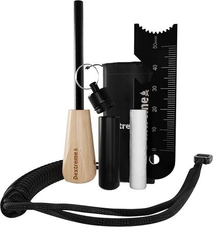 Dextreme Ferro Rod Flint Fire Starter Kit with Handcrafted Wood Handle, Coton Tinder, Transport Bag Multi-Tool Striker Paracord Lanyard for Camping Gear 12,000+ Strikes 5/16'' Thick Bushcraft Survival