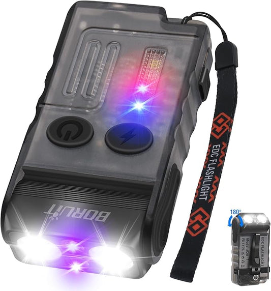 BORUIT V20 LED Small Powerful EDC Flashlight with 365nm UV Light,180°Head Swivels,USB C Rechargeable 1000 LM Mini Pocket Keychain Flash Light with Clip-13 Mode,IP67,Magnetic,110DB Buzzer(Black)