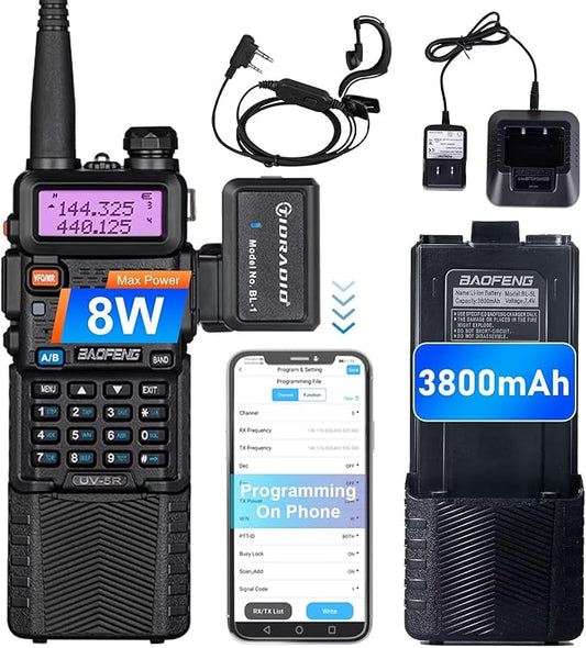 Baofeng UV-5R Ham Radio Handheld High Power Two Way Radio 3800mAh Battery Walkie Talkies with Earpiece and TIDRADIO Wireless Programmer Adapter Support Phone APP Program
