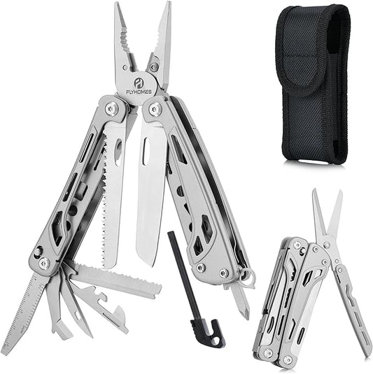 FLYHOMES Multitool, 20-in-1 Multitools Pliers with Large Scissors, Fire Starter, Screwdriver, Gift for Men, Professional for Camping Survival Tools, Hunting, Hiking (Silver)