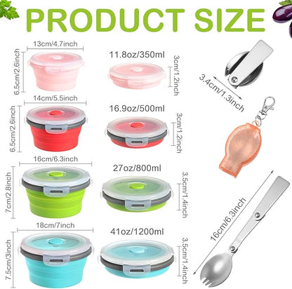 4 Set Camping Bowl with Lid Collapsible Silicone Bowl with Foldable Stainless Steel Fork Salad Bowl Portable Folding Fork Set for Travel Picnic Camping Utensils