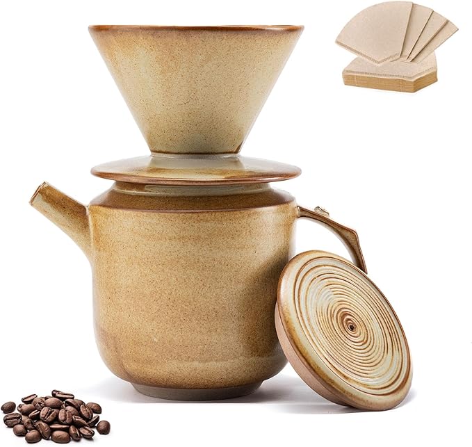 Pour Over Coffee Maker Set,with Lid and V60 Paper Coffee Fliters 20 Counts,High Heat Resistant Vintage Coffee Carafe Dripper Set for Home Café Restaurant Camping Hiking,34 Oz(Yellow)