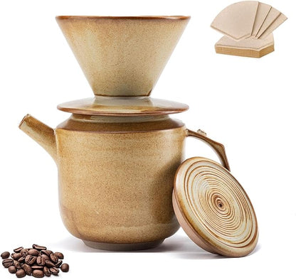Pour Over Coffee Maker Set,with Lid and V60 Paper Coffee Fliters 20 Counts,High Heat Resistant Vintage Coffee Carafe Dripper Set for Home Café Restaurant Camping Hiking,34 Oz(Yellow)