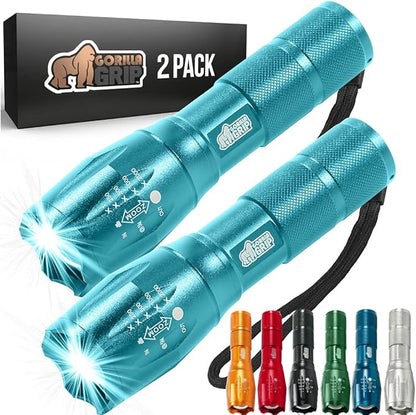 Gorilla Grip Powerful LED 750 FT Water Resistant 5 Adjustable Mode Tactical Flashlight, High Lumens Ultra Bright Battery Zoom Flashlights, Small Camping Car Mini Flash Light Accessory 2 Pack Turquoise