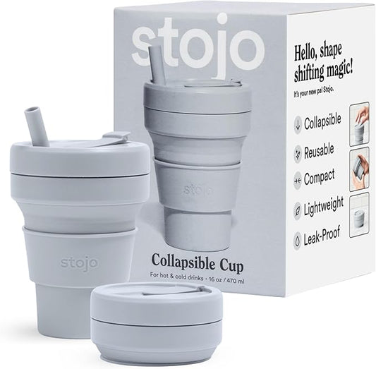 STOJO Collapsible Travel Cup With Straw – Cashmere Gray, 16oz / 470ml - Reusable To-Go Pocket Size Silicone Bottle for Hot and Cold Drinks - Perfect for Camping & Hiking - Microwave & Dishwasher Safe