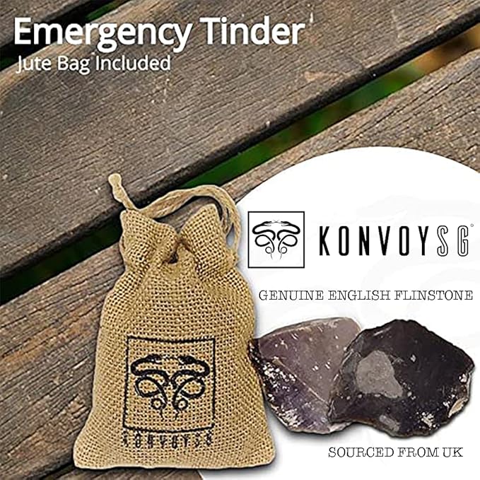 English Flint Stone Rock for Use with A Carbon Steel Striker (not included) for Bushcraft, survival and Camping Activities. Comes in an Emergency Tinder Jute Bag.