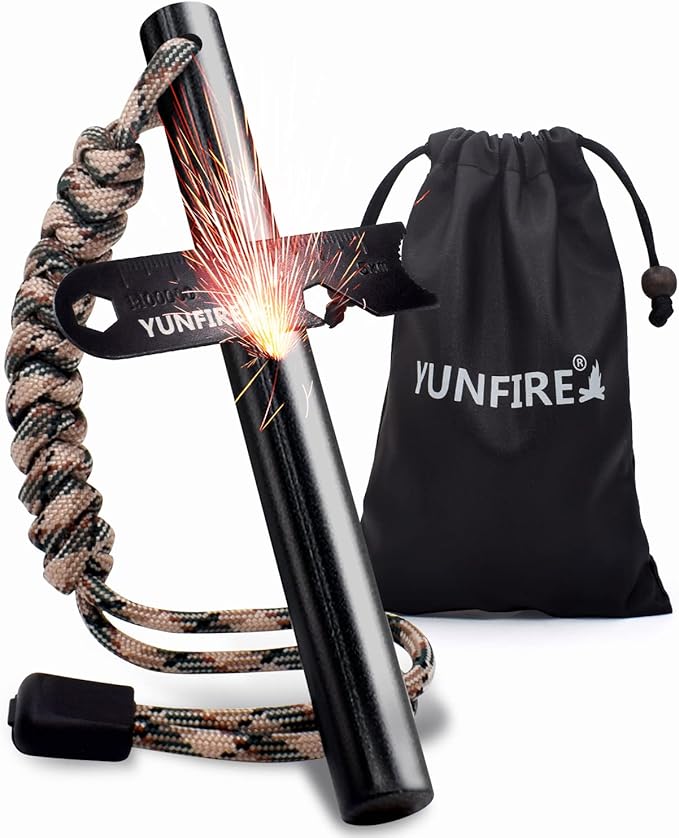 YUNFIRE Fire Starter-5" x 1/2" Thick Ferro Rod with Multi-Tool Striker & Type 550 Paracord, 25,000+ Strikes, Drilled Flint Fire Steel for Emergency Survival, Camping, Hiking