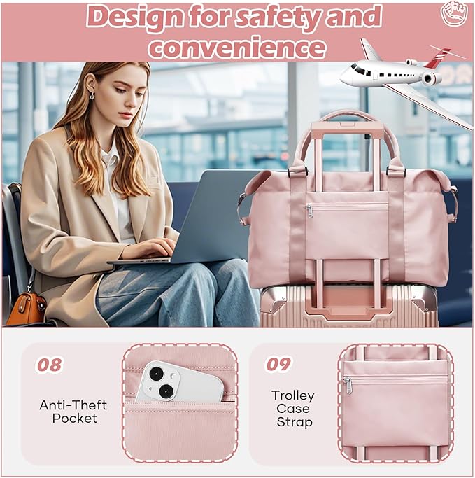 Pink Gym Bag with Wet Pocket, Foldable Travel Duffle Bag Carry On Weekender Bags for Women, Waterproof Overnight Bag for Travel, Gym, Yoga