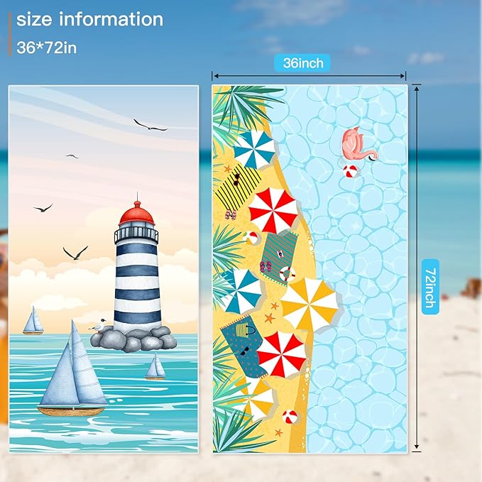 Microfiber Sand Free Beach Towel 72"x36",Extra Large Lightweight Super Absorbent Thin Fast Drying Towels for Swimming Bathing Pool Outdoor Hiking Adults(2 Pack Sunshine Coast)