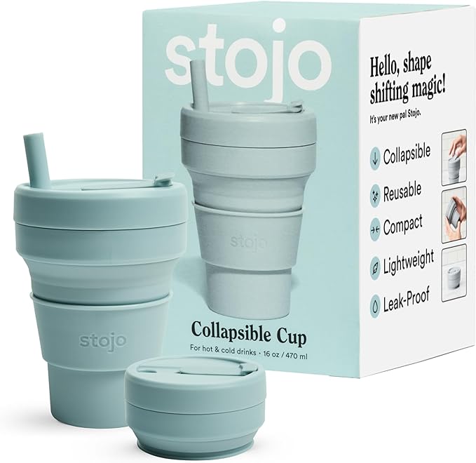 STOJO Collapsible Travel Cup With Straw - Aquamarine, 16oz / 470ml - Reusable To-Go Pocket Size Silicone Cup for Hot and Cold Drinks - Perfect for Camping and Hiking - Microwave & Dishwasher Safe