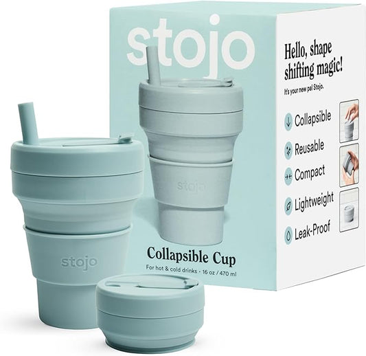 STOJO Collapsible Travel Cup With Straw - Aquamarine, 16oz / 470ml - Reusable To-Go Pocket Size Silicone Cup for Hot and Cold Drinks - Perfect for Camping and Hiking - Microwave & Dishwasher Safe