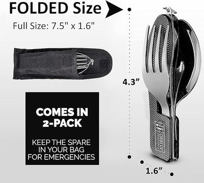 Orblue 4-in-1 Camping Utensils, 2-Pack - Portable Stainless Steel Spoon, Fork, Knife & Bottle Opener Combo Set - Travel, Backpacking Cutlery Multitool, Orange