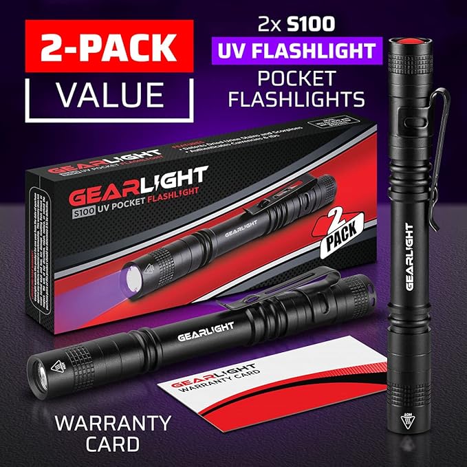 GearLight UV Black Light Flashlight S100 [2 Pack] - Mini Blacklight Ultraviolet Pen Lights for Leak and Hotel Inspection - Pet Urine, Bed Bug, Scorpion, Stain, and Dye Detector
