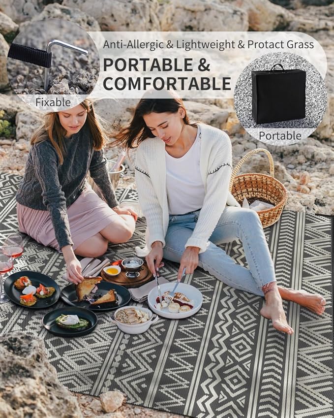 MontVoo Outdoor Rug Carpet Waterproof 9x12 Outdoor Patio Rug Mat Reverisble Plastic Straw Outdoor Rug for RV Camping Picnic Beach Balcony Boho Grey Large