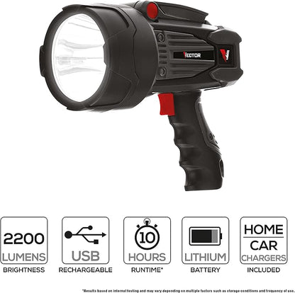 VECTOR LED Flashlight Spotlight, SL10LEDV, Rechargeable, Super Bright 2200 Lumens, USB Charging Port + USB Powerbank for Device Charging