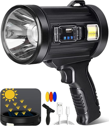 100000 Lumen Spotlight, Led Rechargeable Spotlight Flashlight with Tripod, 6 Modes and 3 Colors Filter, Super Bright Solar Spot Lights Outdoor Handheld for Hunting, Boating, Camping, Large