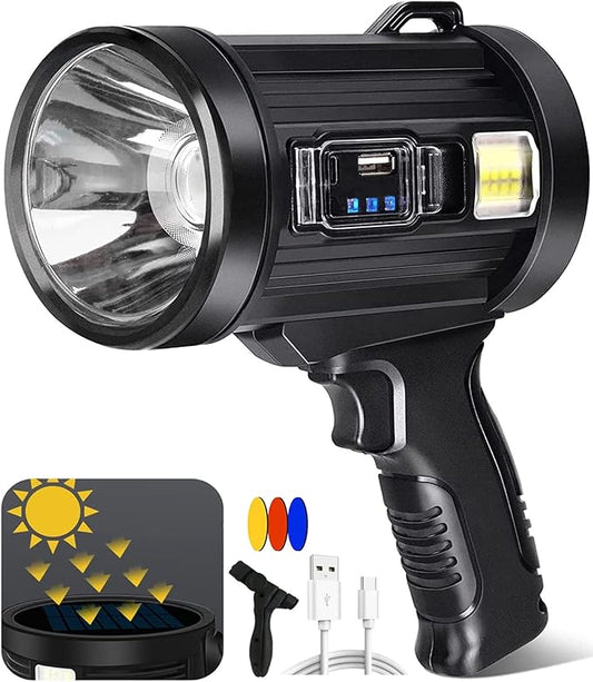 100000 Lumen Spotlight, Led Rechargeable Spotlight Flashlight with Tripod, 6 Modes and 3 Colors Filter, Super Bright Solar Spot Lights Outdoor Handheld for Hunting, Boating, Camping, Large
