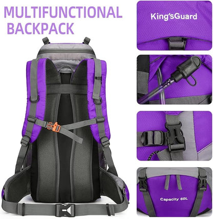 King'sGuard 60L Hiking Backpack Men Women Camping Backpack Waterproof Backpacking Mountaineering Climbing Daypack with Rain Cover (Purple)