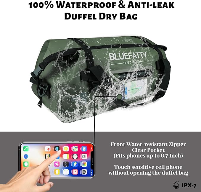 Large Waterproof Duffel Bag Roll-top Heavy Duty Dry Duffle Bags for Motorcycling, Rafting, Boating, SUP, Kayaking, Travel, 70L(Army Green)