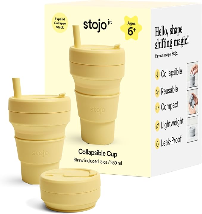STOJO Jr Collapsible Travel Cup with Straw for Kids - Mimosa Yellow, 8oz / 250ml - Leak-Proof Reusable To-Go Pocket Size Silicone Bottle for Hot & Cold Drinks - Camping & Hiking - Dishwasher Safe
